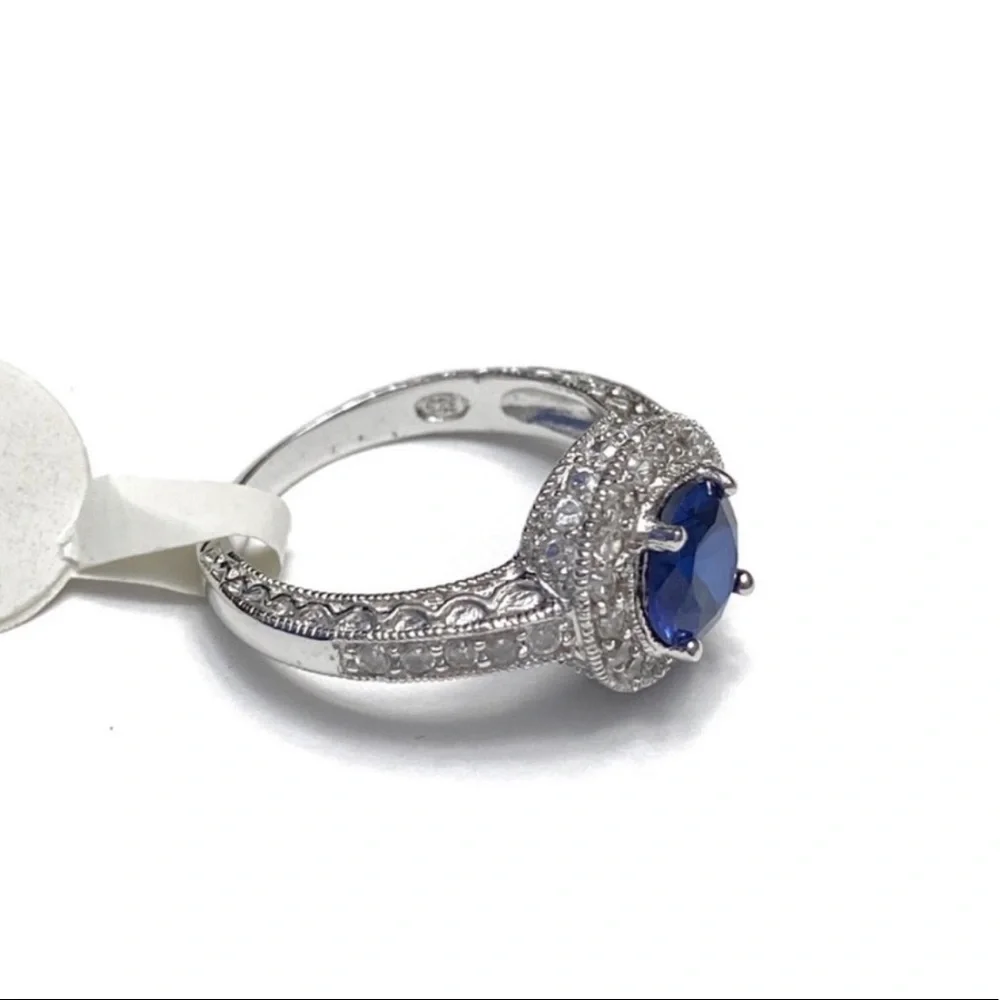 Sterling Silver Sapphire Engagement Ring with CZ Halo Size 7